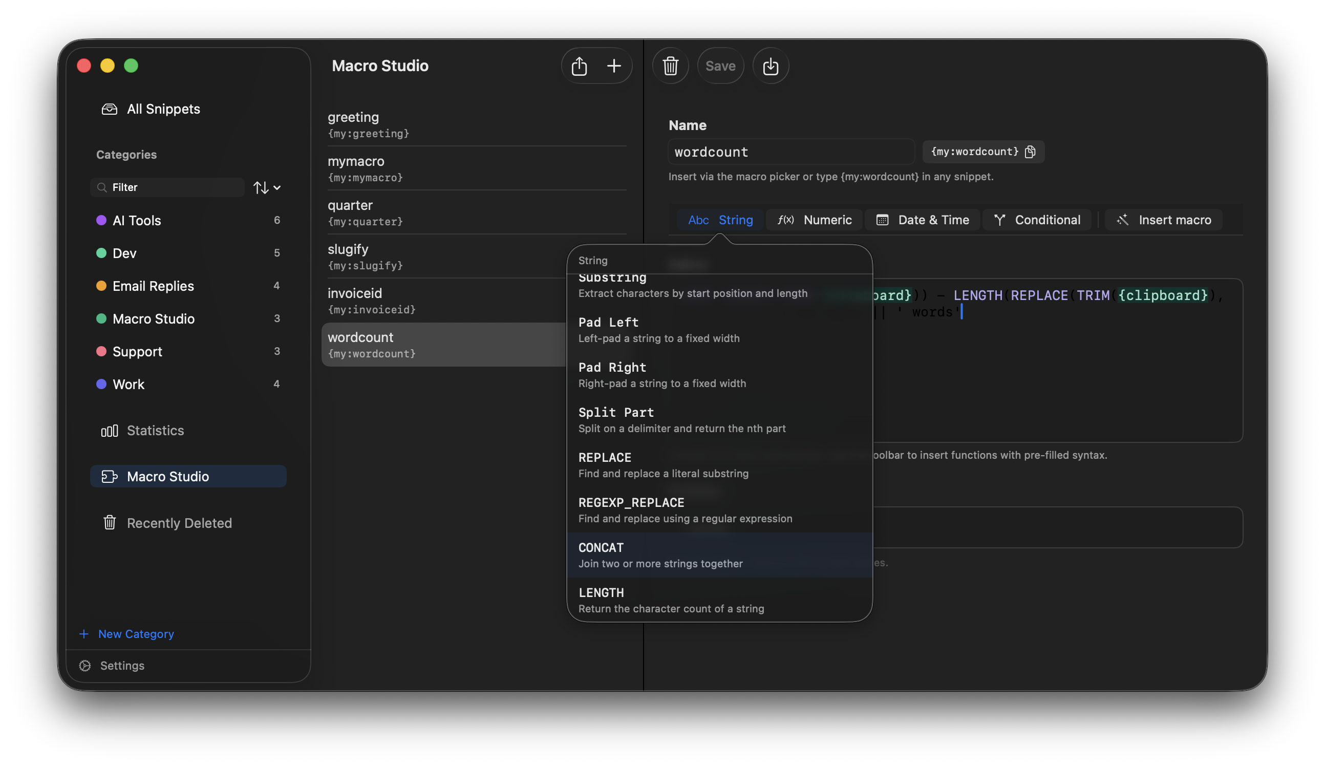 Macro editor with name, content, transforms, and preview