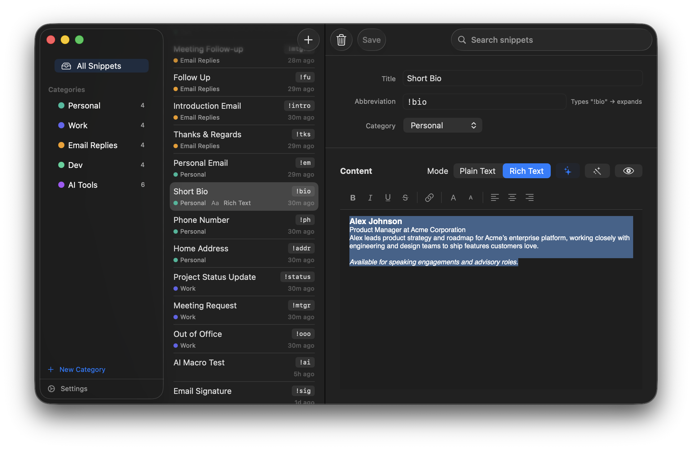 Rich text editor with formatting toolbar
